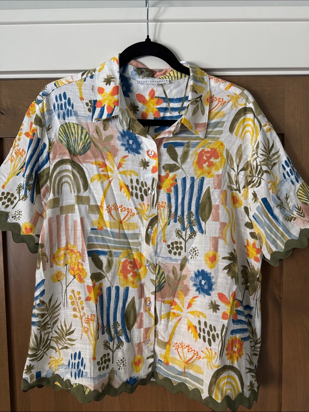 Jane and Delancey Floral Button-Down werelinen blend Shirt Top Scalloped Womens